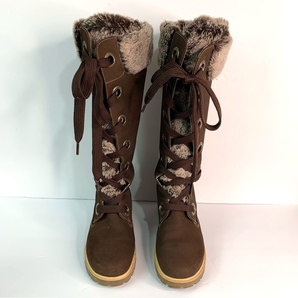 Timberland Mirney Lace Up Tall Boots w/ Faux Fur Tongue Collar Sz 7 Brown Winter - Picture 2 of 15